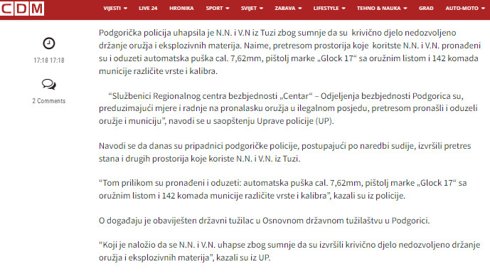Montenegro-avmp/Pronadeno-oruzje-i-municija-u-Tuzima-uhapsene-dvije-osobe---CdM