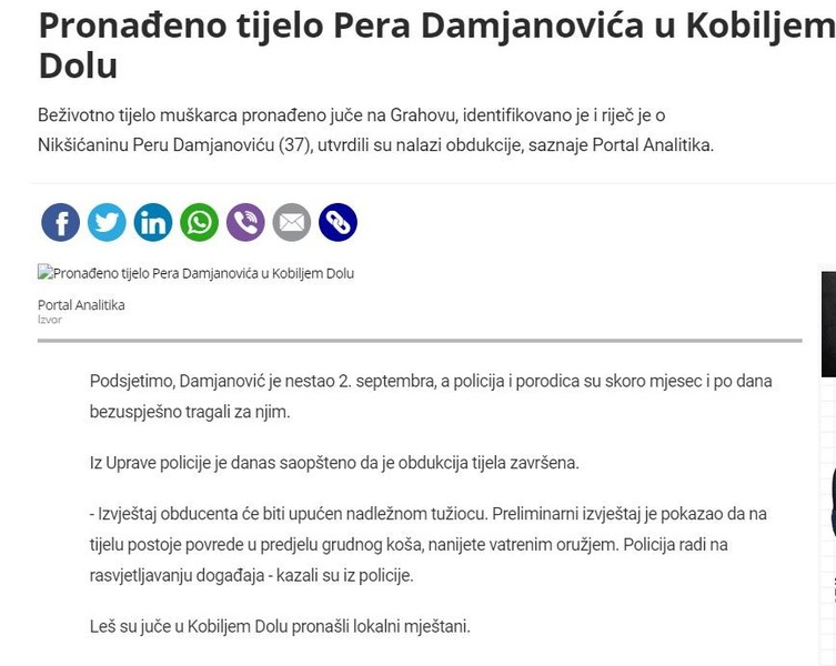 Montenegro-avmp/Pronadeno-tijelo-Pera-Damjanovica-u-Kobiljem-Dolu