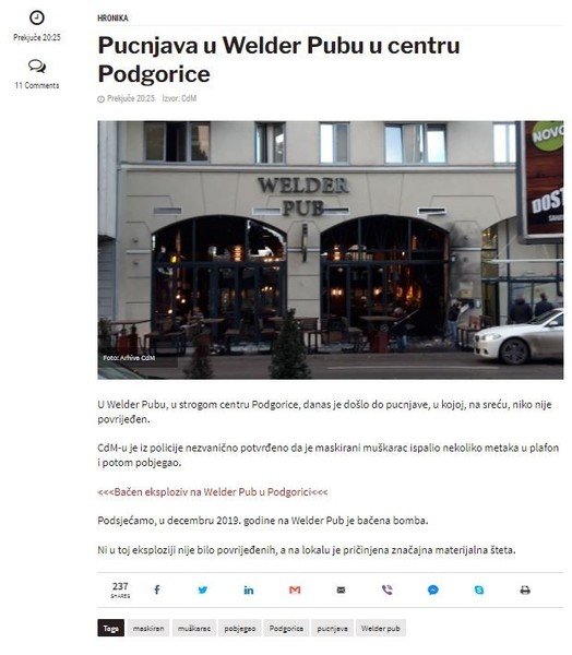 Montenegro-avmp/Pucnjava-u-Welder-Pubu-u-centru-Podgorice