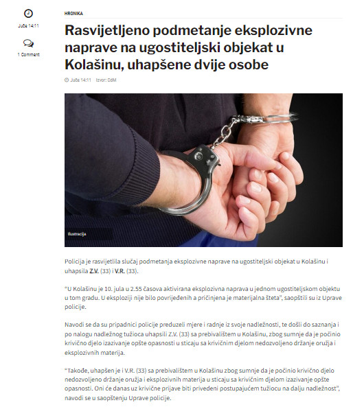 Montenegro-avmp/Rasvijetljeno-podmetanje-eksplozivne-naprave-na-ugostiteljski-objekat-u-Ko