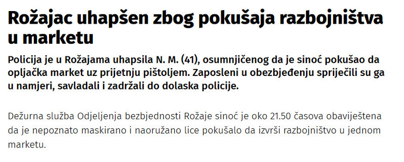 Montenegro-avmp/Rozajac-uhapsen-zbog-pokusaja-razbojnistva-u-marketu_1