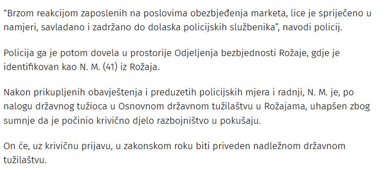 Montenegro-avmp/Rozajac-uhapsen-zbog-pokusaja-razbojnistva-u-marketu