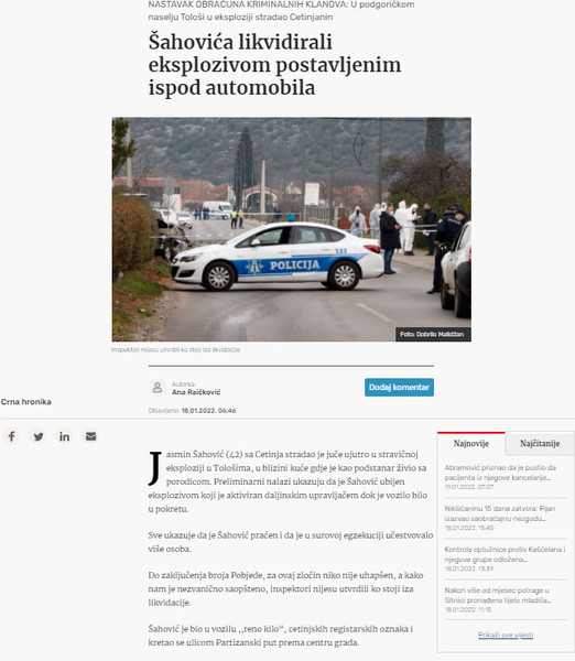 Montenegro-avmp/Sahovica-likvidirali-eksplozivom-postavljenim-ispod-automobila