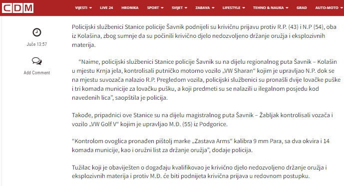 Montenegro-avmp/Savnicka-policija-kod-tri-osobe-pronasla-oruzje-i-podnijela-krivicne-prij