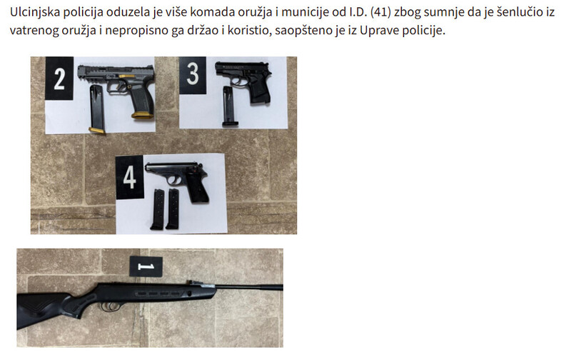 Montenegro-avmp/Senlucenje-u-Ulcinju-Oduzeto-vise-pistolja-municija-i-vazdusna-puska
