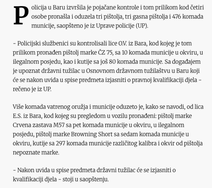 Montenegro-avmp/Sest-pistolja-i-preko-470-komada-municije-oduzeto-od-cetiri-osobe-u-Baru1