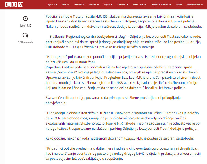 Montenegro-avmp/Sluzbenik-UIKS-a-zatecen-sa-sluzbenim-pistoljem-ispred-kazina-u-Tivtu_-Uh