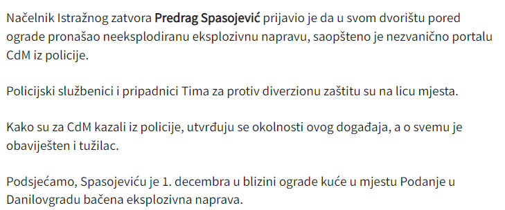 Montenegro-avmp/Spasojevic-prijavio-da-je-pronasao-bombu-u-dvoristu