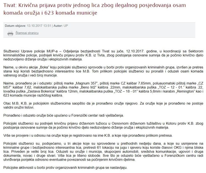 Montenegro-avmp/Tivat--Krivicna-prijava-protiv-jednog-lica-zbog-ilegalnog-posjedovanja-osa