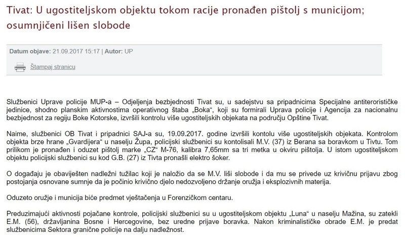 Montenegro-avmp/Tivat--U-ugostiteljskom-objektu-tokom-racije-pronaden-pistolj-s-municijom-