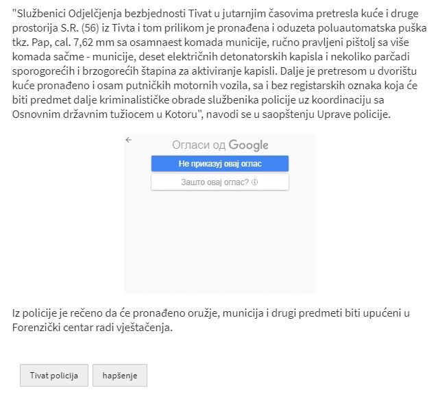 Montenegro-avmp/Tivat_-Policija-oduzela-poluautomatsku-pusku-municiju-rucno-pravljen-pisto