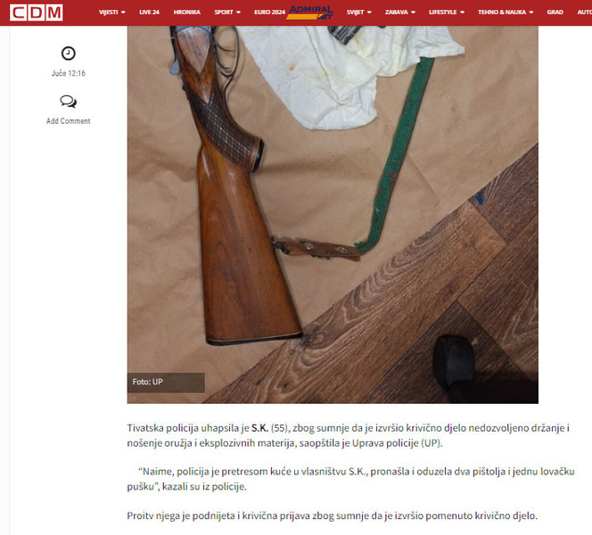 Montenegro-avmp/Tivat_-Policija-pretresla-kucu-pronasla-i-oduzela-dva-pistolja-i-pusku---C