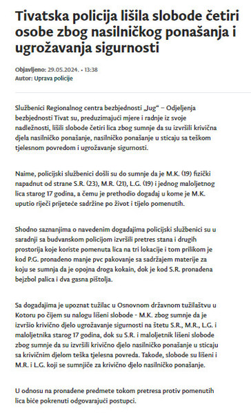 Montenegro-avmp/Tivatska-policija-lisila-slobode-cetiri-osobe-zbog-nasilnickog-ponasanja-i