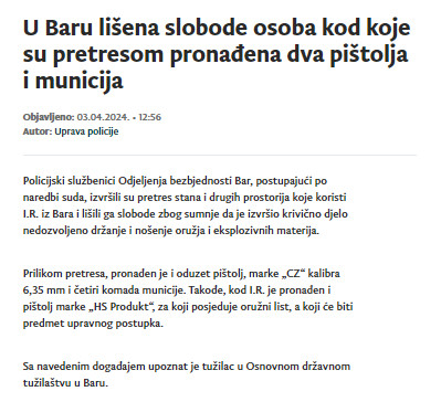 Montenegro-avmp/U-Baru-lisena-slobode-osoba-kod-koje-su-pretresom-pronadena-dva-pistolja-i