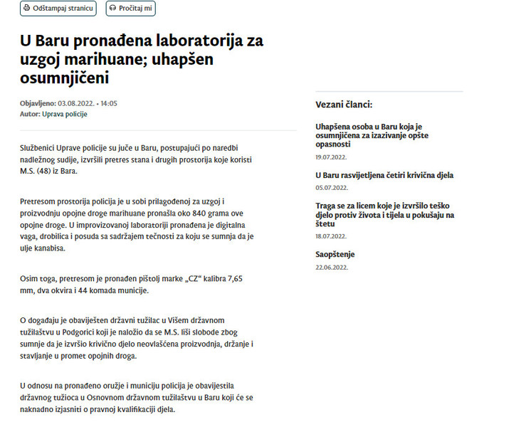 Montenegro-avmp/U-Baru-pronadena-laboratorija-za-uzgoj-marihuane-uhapsen-osumnjiceni