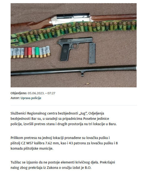 Montenegro-avmp/U-Baru-pronadeno-oruzje-i-drobilica-s-manjom-kolicinom-droge