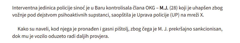 Montenegro-avmp/U-Baru-uhapsen-clan-OKG-vozio-pod-dejstvom-psihoaktivnih-supstanci