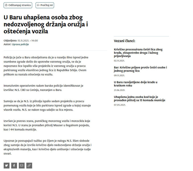 Montenegro-avmp/U-Baru-uhapsena-osoba-zbog-nedozvoljenog-drzanja-oruzja-i-ostecenja-vozila