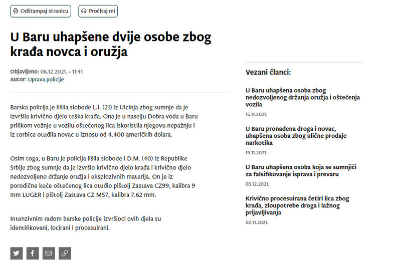 Montenegro-avmp/U-Baru-uhapsene-dvije-osobe-zbog-krada-novca-i-oruzja