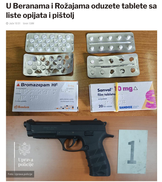 Montenegro-avmp/U-Beranama-i-Rozajama-oduzete-tablete-sa-liste-opijata-i-pistolj---CdM