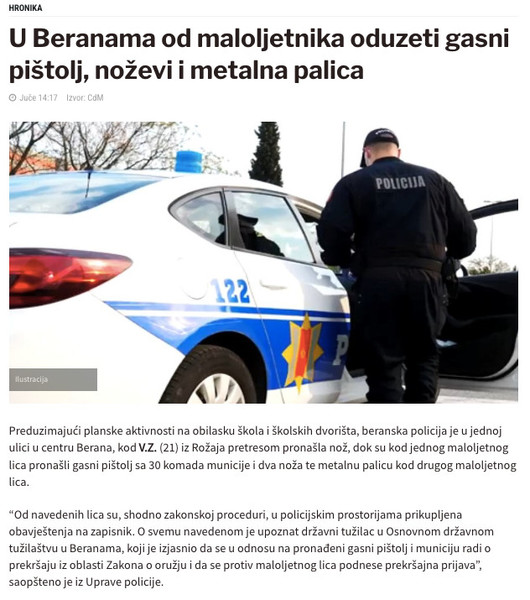 Montenegro-avmp/U-Beranama-od-maloljetnika-oduzeti-gasni-pistolj-nozevi-i-metalna-palica--
