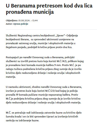 Montenegro-avmp/U-Beranama-pretresom-kod-dva-lica-pronadena-municija