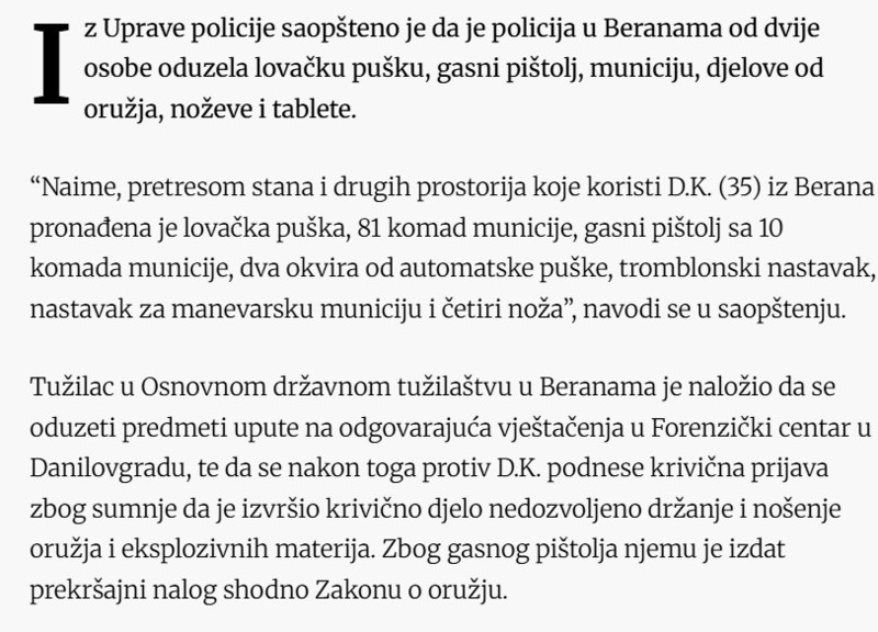 Montenegro-avmp/U-Beranama-procesuirane-dvije-osobe-Pronadeno-oruzje-municija-i-tablete_1