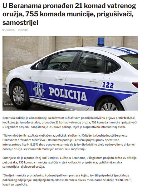 Montenegro-avmp/U-Beranama-pronaden-21-komad-vatrenog-oruzja-755-komada-municije-prigusiva