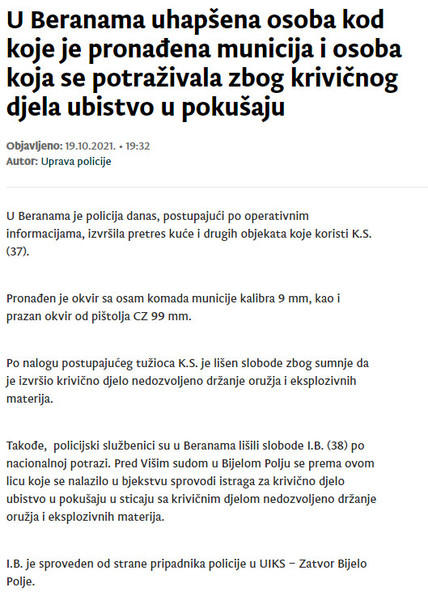 Montenegro-avmp/U-Beranama-uhapsena-osoba-kod-koje-je-pronadena-municija-i-osoba-koja-se-p