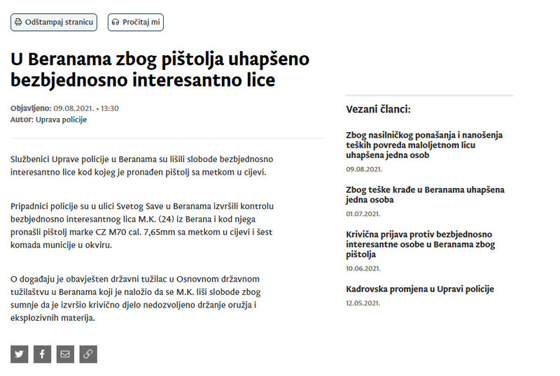 Montenegro-avmp/U-Beranama-zbog-pistolja-uhapseno-bezbjednosno-interesantno-lice