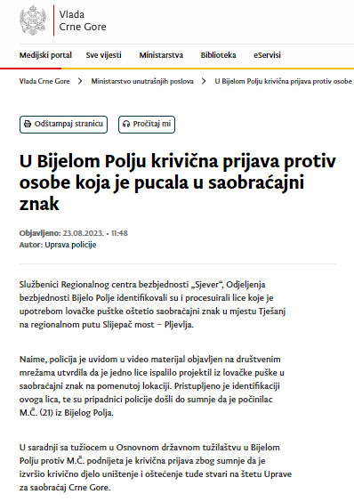 Montenegro-avmp/U-Bijelom-Polju-krivicna-prijava-protiv-osobe-koja-je-pucala-u-saobracajn