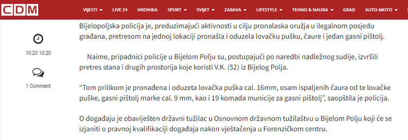 Montenegro-avmp/U-Bijelom-Polju-oduzeta-lovacka-puska-caure-i-gasni-pistolj---CdM