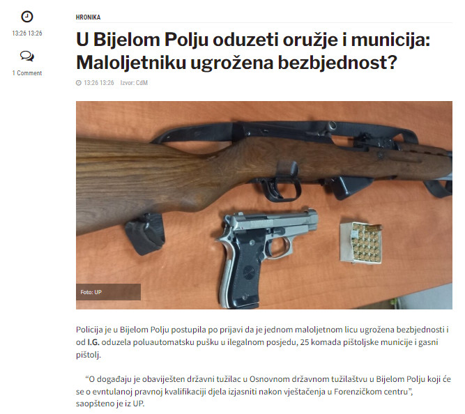 Montenegro-avmp/U-Bijelom-Polju-oduzeti-oruzje-i-municija_-Maloljetniku-ugrozena-bezbjedn
