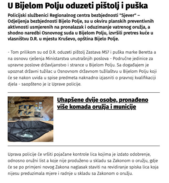 Montenegro-avmp/U-Bijelom-Polju-oduzeti-pistolj-i-puska
