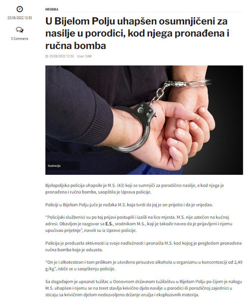 Montenegro-avmp/U-Bijelom-Polju-uhapsen-osumnjiceni-za-nasilje-u-porodici-kod-njega-pronad