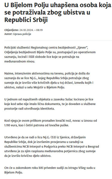 Montenegro-avmp/U-Bijelom-Polju-uhapsena-osoba-koja-se-potrazivala-zbog-ubistva-u-Republi