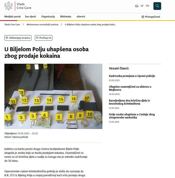 Montenegro-avmp/U-Biljelom-Polju-uhapsena-osoba-zbog-prodaje-kokaina