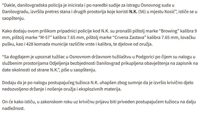 Montenegro-avmp/U-Danilovgradu-i-Cetinju-oduzeto-sest-komada-vatrenog-oruzja-i-preko-400-komada-municije-jedna-osoba-uhapsena