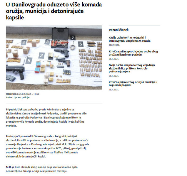 Montenegro-avmp/U-Danilovgradu-oduzeto-vise-komada-oruzja-municija-i-detonirajuce-kapsile