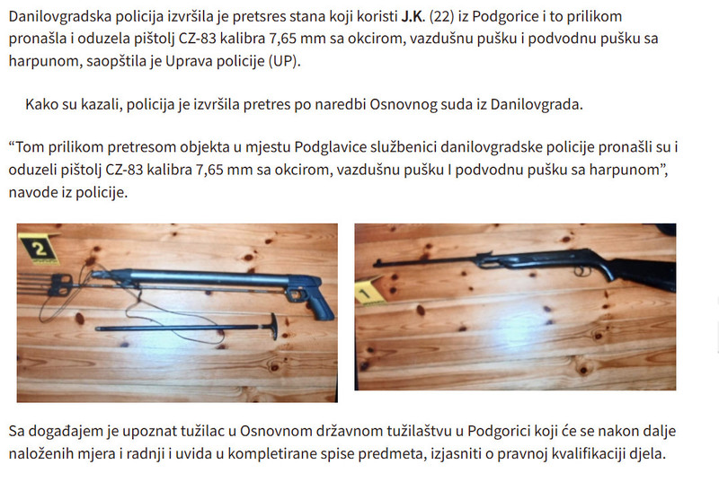 Montenegro-avmp/U-Danilovgradu-pretresom-oduzet-pistolj-vazusna-i-podvodna-puska