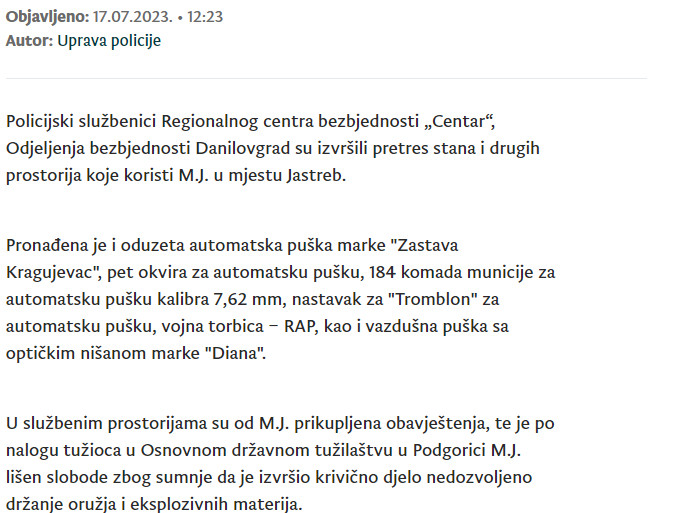 Montenegro-avmp/U-Danilovgradu-pronadena-automatska-puska-i-municija-uhapsena-jedna-osoba