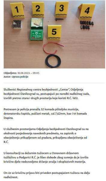 Montenegro-avmp/U-Danilovgradu-pronadena-municija-stapini-i-detonatorska-kapisla-uhapsena