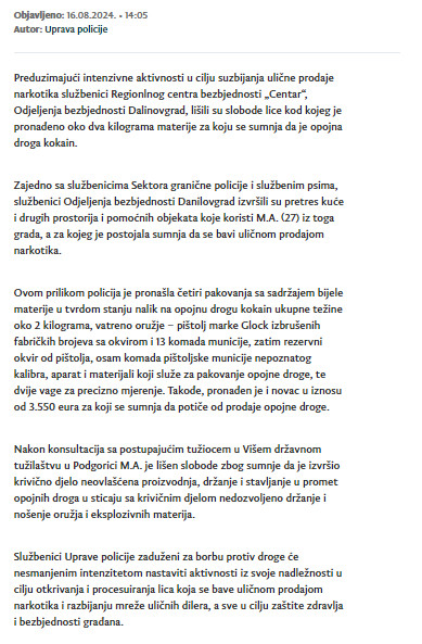 Montenegro-avmp/U-Danilovgradu-uhapsena-osoba-kod-koje-je-pronadeno-oko-2-kilograma-kokain
