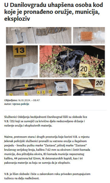 Montenegro-avmp/U-Danilovgradu-uhapsena-osoba-kod-koje-je-pronadeno-oruzje-municija-eksplo