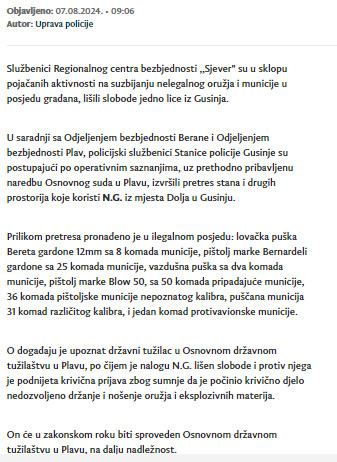 Montenegro-avmp/U-Gusinju-i-Beranama-uhapsena-dva-lica-zbog-nedozvoljenog-drzanja-oruzja