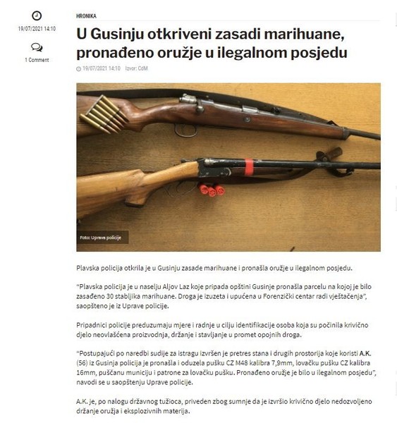 Montenegro-avmp/U-Gusinju-otkriveni-zasadi-marihuane-pronadeno-oruzje-u-ilegalnom-posjedu