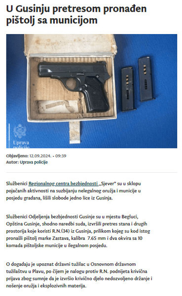 Montenegro-avmp/U-Gusinju-pretresom-pronaden-pistolj-sa-municijom