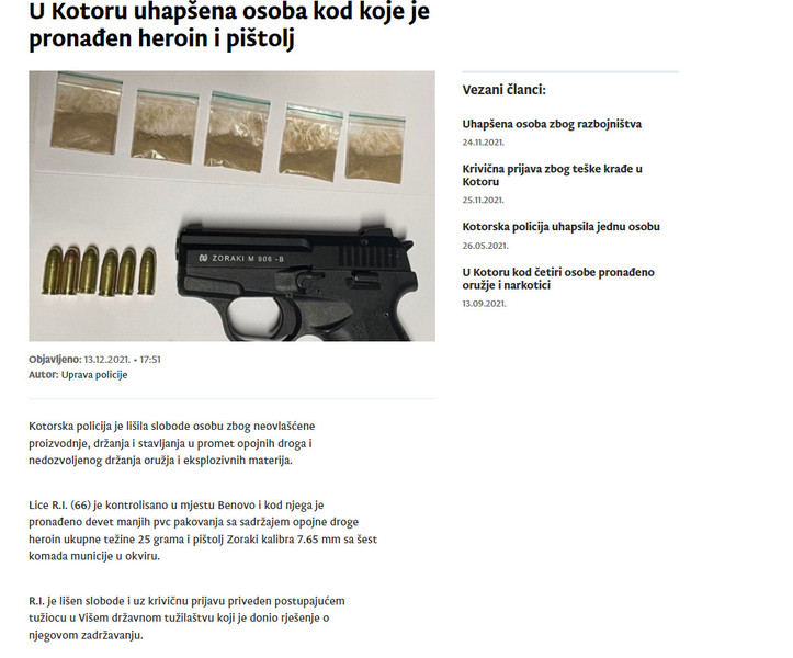 Montenegro-avmp/U-Kotoru-uhapsena-osoba-kod-koje-je-pronaden-heroin-i-pistolj