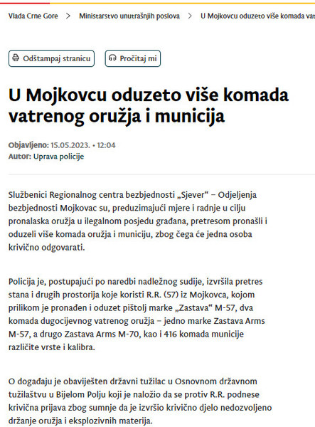 Montenegro-avmp/U-Mojkovcu-oduzeto-vise-komada-vatrenog-oruzja-i-municija