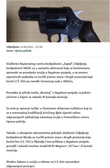 Montenegro-avmp/U-Niksicu-i-Pljevljima-pretresima-pronadeni-pistolj-i-revolver-sa-municij